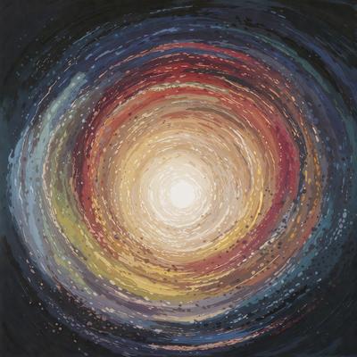 The primary subject of the image is a colorful, swirling circle that appears to be a painting or drawing. The circle is filled with various colors, creating a vibrant and dynamic scene. The setting or background of the image is a dark, starry night, which contrasts with the bright colors of the circle. The visual style of the image is artistic, with the circle being the main focus and the surrounding darkness adding depth and atmosphere to the scene. The colors and mood of the image are lively and energet